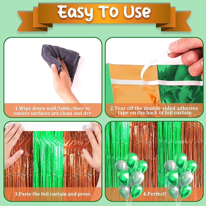 3 Pack 3.3 x 8.2 ft Green and Brown Foil Fringe Backdrop Curtains, Tinsel - Image 3