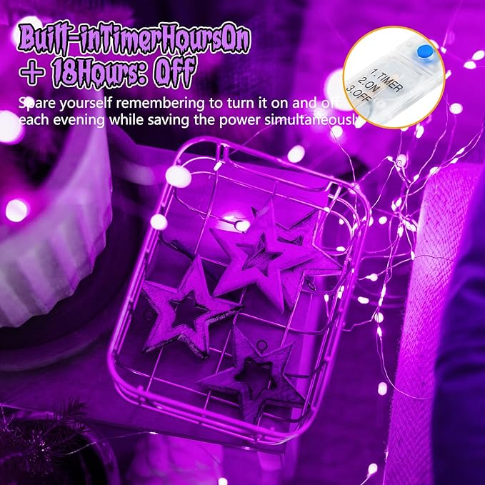 Minetom 6 Pack Purple Fairy Lights Battery Operated - 7ft 20 LED Waterproof - Image 5