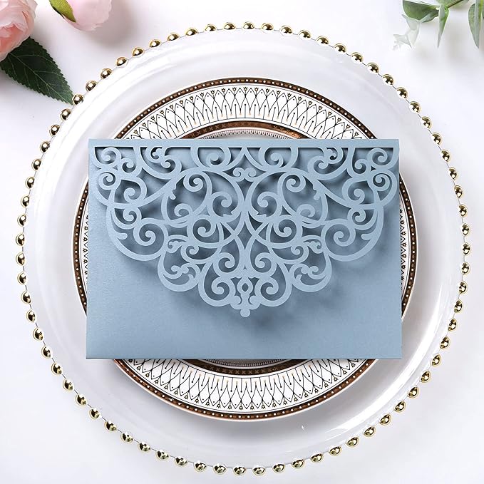 PONATIA 5.12 x 7.2 Dusty Blue Laser Cut Invitation Pocket - Image 6