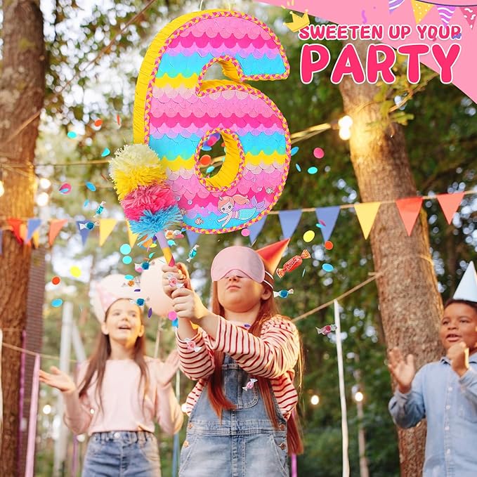 Number 6 Pinata for Birthday Party Decorations, Unicorn Mermaid Theme Pink - Image 3