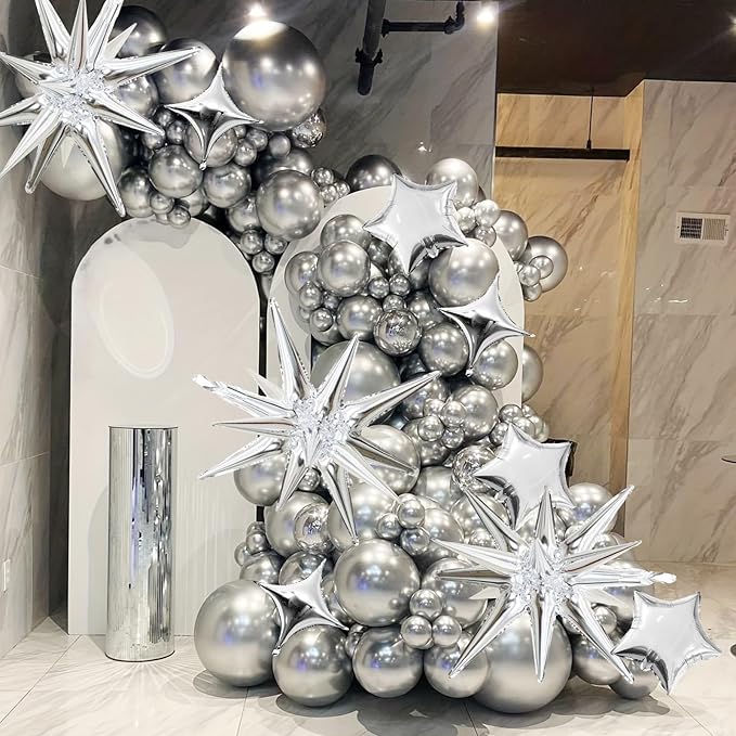 Silver Star Balloons, 22in Large Star Balloons Foil 10in 4-Pointed & Silver - Image 6
