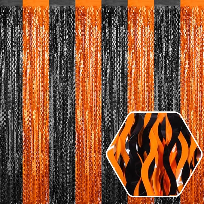 4 Pack Black Orange Wave Foil Fringe Curtain Backdrop, 3.28Ft x 8.2Ft Metallic by Ferwzsr