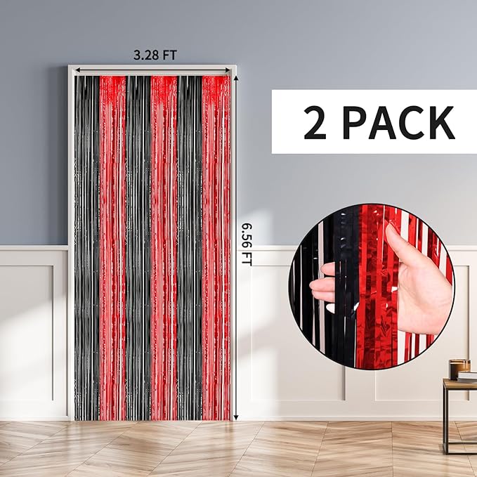 RUBFAC 2 Pack Red and Black Backdrop Party Decorations Tinsel Foil Fringe - Image 2