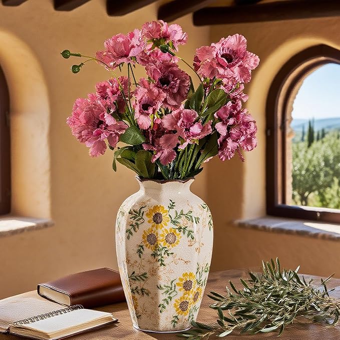 Hand-Painted Sunflower Vintage Ceramic Octagonal Vase, Fireplace Mantle by SUREYUESI