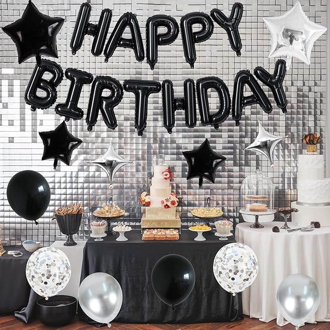 Happy Birthday Balloon Banner Black Silver, 16 Inch Mylar Foil Letter Balloons - Image 4