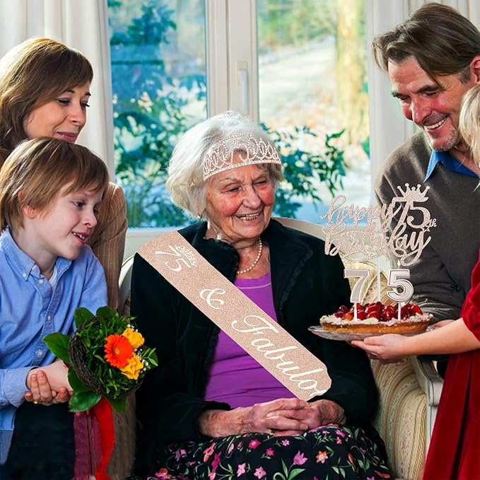 75th Birthday Decorations for Women Including Sash, Crown/Tiara, Candles and - Image 3