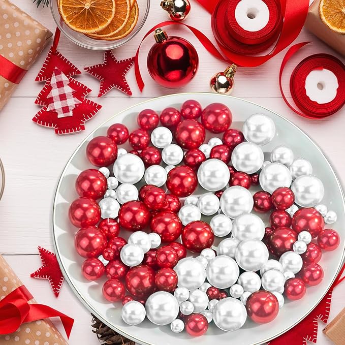 300Pcs Red&White Polished No Hole Pearl Beads Vase Filler, Christmas Vase - Image 5