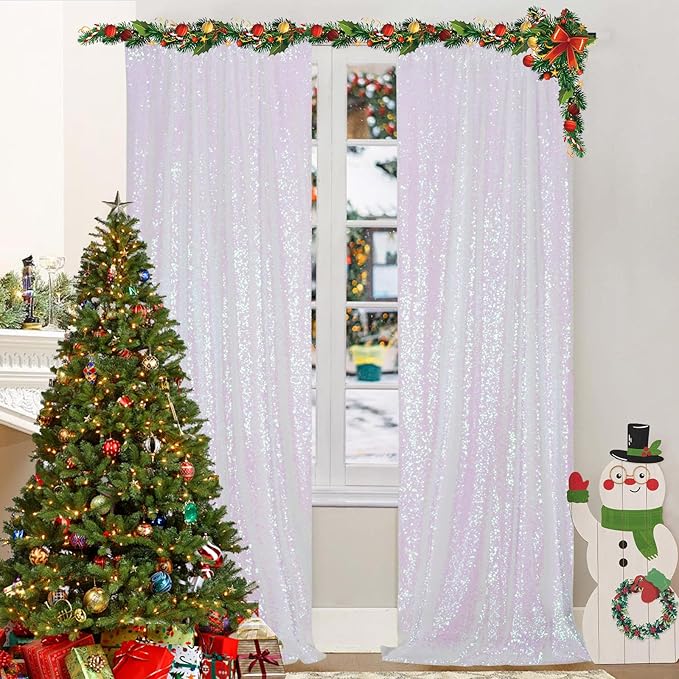 Juya Delight White Iridescent Backdrop Curtain, Sequin Photography Backdrop by JuyaDelight