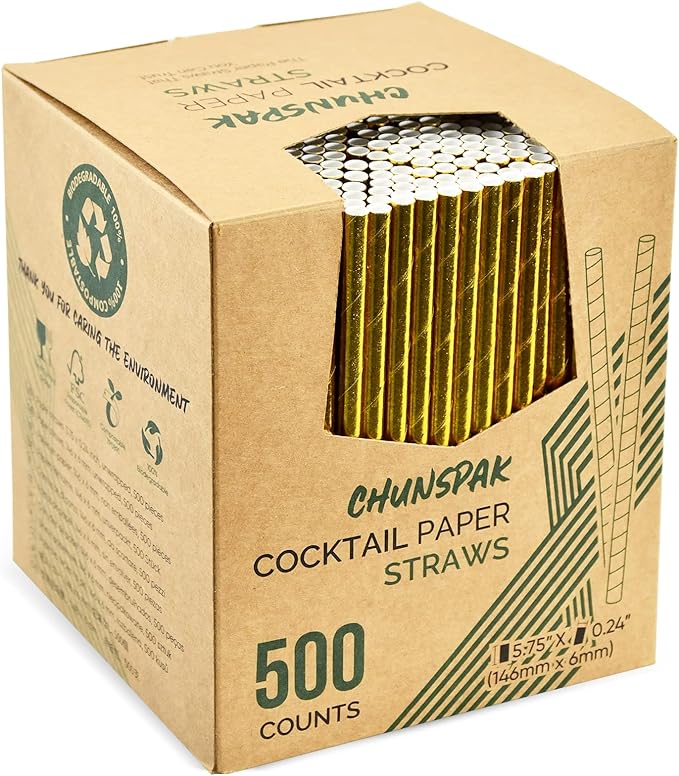 5.75 Inch Disposable Short Gold Paper Straws & Stirrers, Sipping Stir Sticks by chunspak