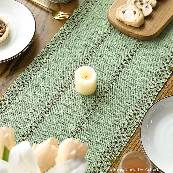 Artoid Mode Light Green Farmhouse Woven Rustic Hollow Table Runner, Seasonal - Image 4