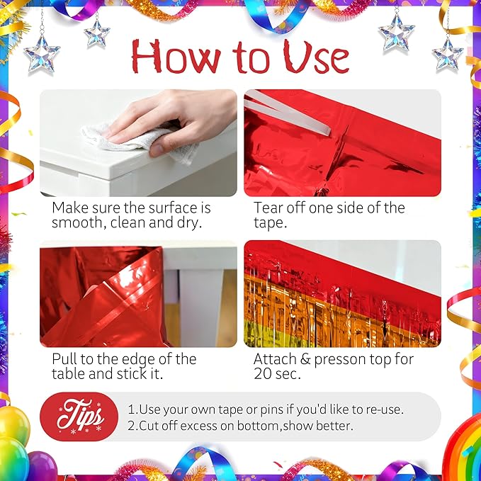 2 Pack Rainbow Table Skirts, 29x108" Metallic Foil Tinsel Fringe Table Skirts - Image 8