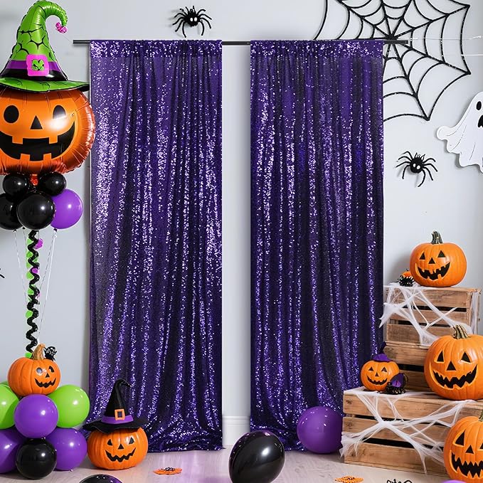 Poise3EHome 2Pcs 3Ft x 8Ft Purple Sequin Backdrop Curtain, Glitter Photography - Image 2