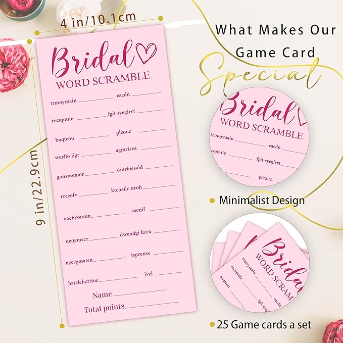 Pink Wedding Shower Games Cards, Bridal Word Scramble, 25 Game Cards - Image 2
