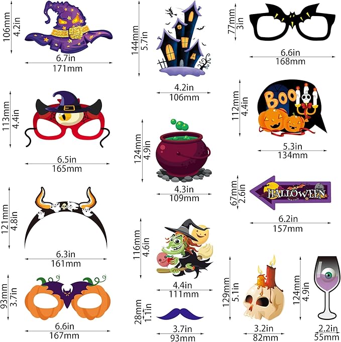 30 Pcs Halloween Photo Booth Props, Pumpkin Ghost Skull Mask Witch Hat Party - Image 2