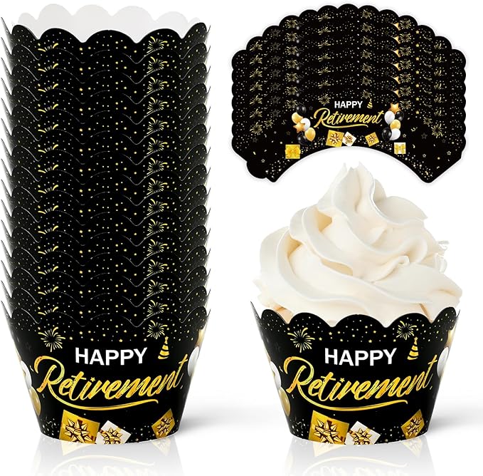 Whaline 36Pcs Happy Retirement Cupcake Wrappers Black Gold Retirement Cupcake by Whaline