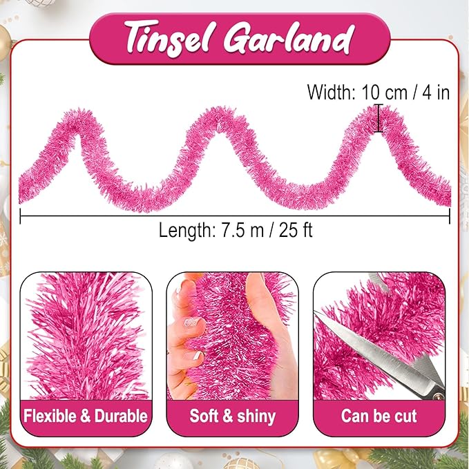 25 Feet Pink Christmas Tinsel Garland, Metallic Foil Twist Banner Wall Hanging - Image 2