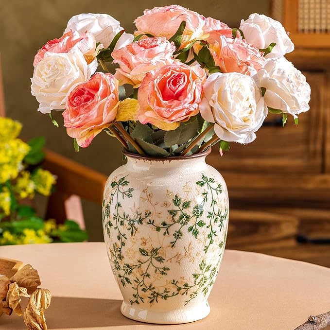 Vintage Green and Beige Vase, Round Ceramic Floral Vases, Retro Ice Cracked by SUREYUESI