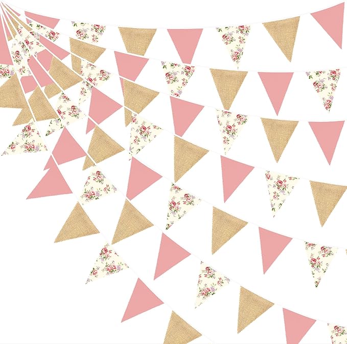 32Ft Flora Party Decorations Blush Rose Pink Burlap Flora Triangle Flag Fabric by pinkblume