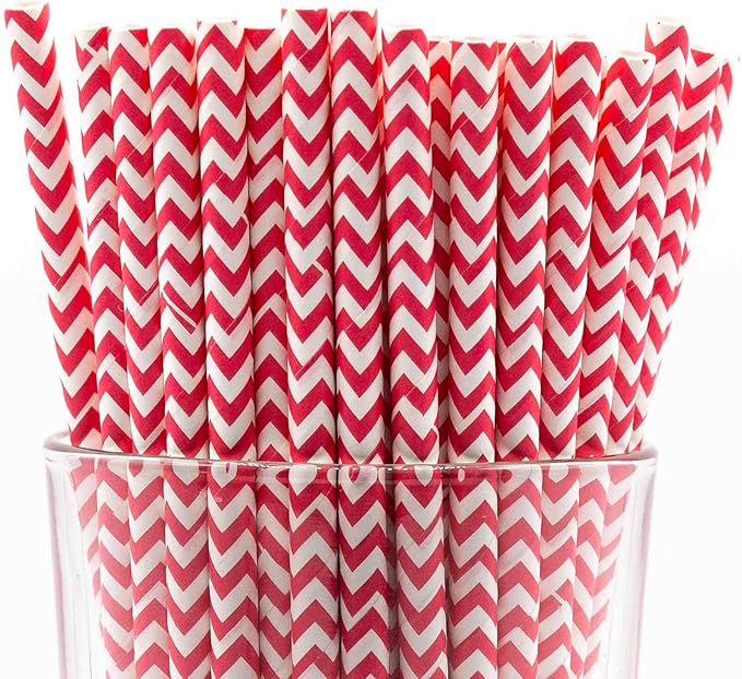 Pack of 300 Red Chevron Biodegradable 4-Ply Paper Drinking Straws by Stephanie+Imports