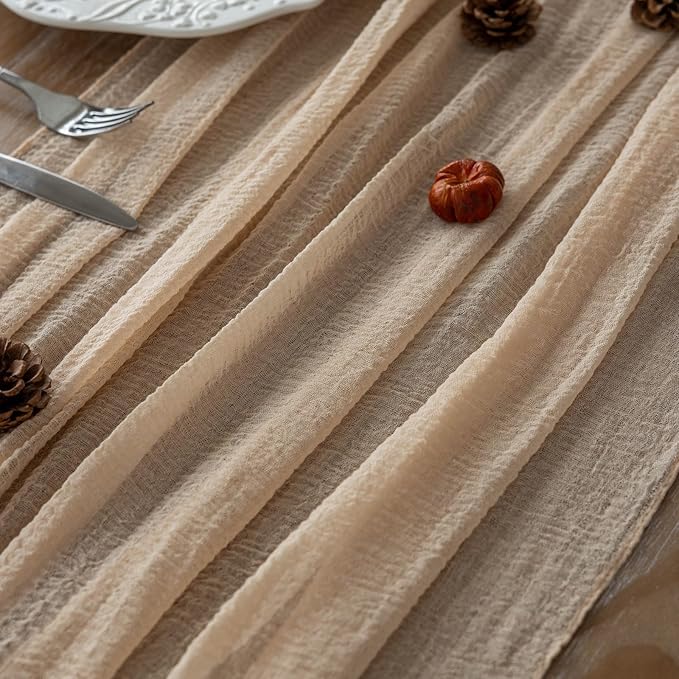 3pcs Deep Beige Cheesecloth Table Runner Rustic Boho Gauze 120 Inch 10 FT - Image 2