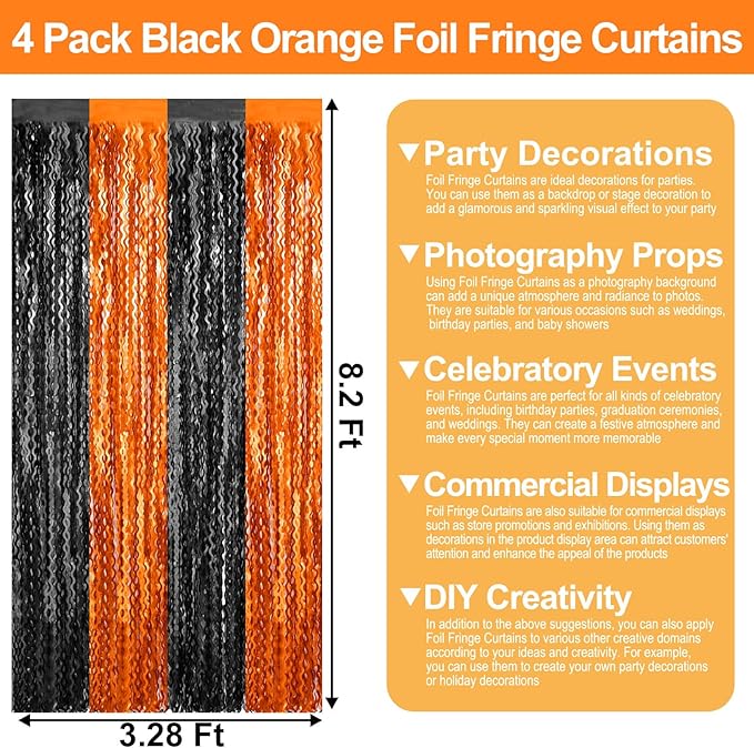 4 Pack Black Orange Wave Foil Fringe Curtain Backdrop, 3.28Ft x 8.2Ft Metallic - Image 2