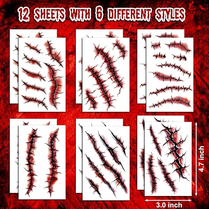 JCFIRE 12 Sheets Halloween Makeup Kit, Fake Scars Halloween Temporary Tattoos - Image 2