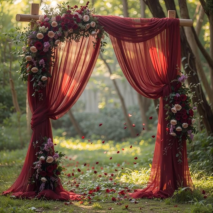 Wedding Arch Draping Fabric, 2 Panels 18FT Burgundy Sheer Backdrop Curtain - Image 5