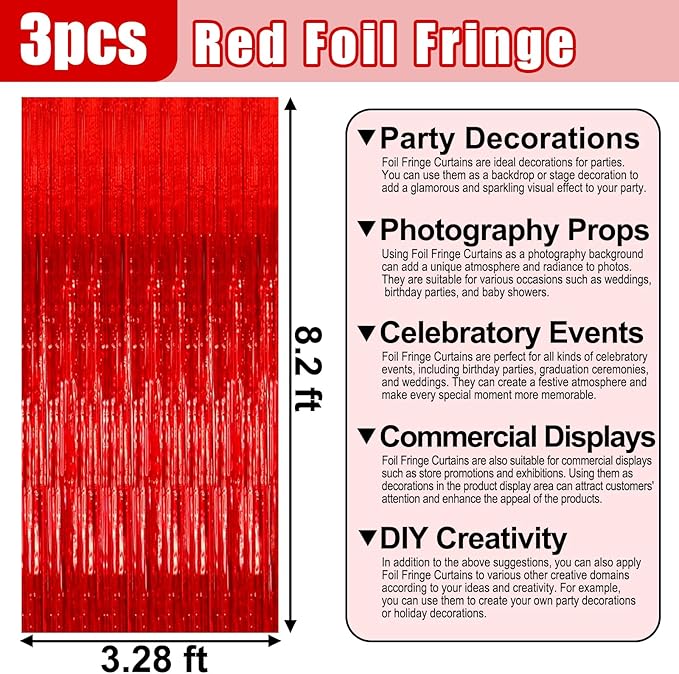 3 Pack Red Foil Fringe Curtain Backdrop, 3.28Ft x 8.2Ft Metallic Tinsel Foil - Image 2