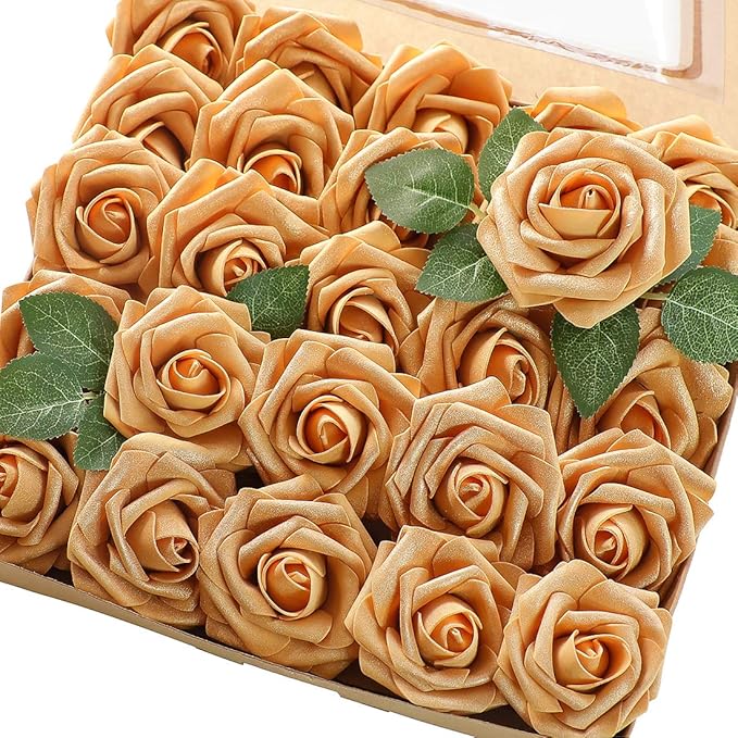 Floroom Artificial Flowers 25pcs Real Looking Gold Foam Fake Roses by Floroom