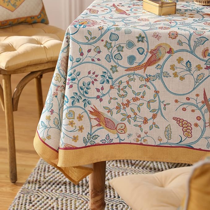 patdrea Designer Vintage French Rectangular Tablecloth, Floral Birds Pattern - Image 7