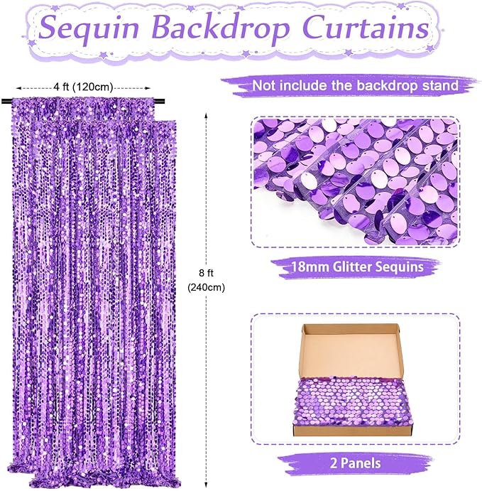 Backdrop Curtains 2 Packs 4x8FT Purple Party Theme Decoration Wedding Sequin - Image 3