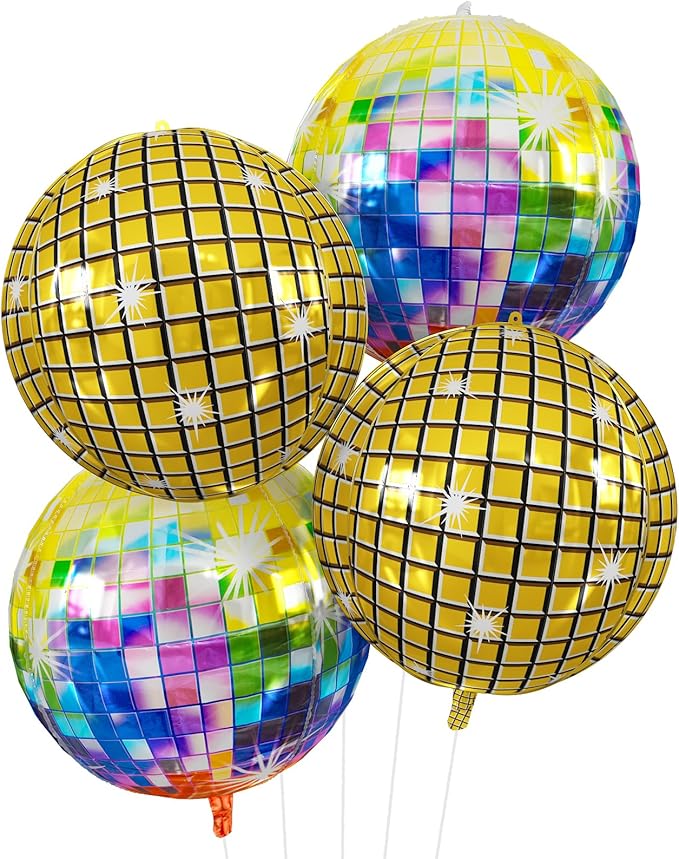 Disco Ball Balloons 4PC, Foil Disco Balloons 22 Inch 4D Round Multicolor Balloon by Cledeco
