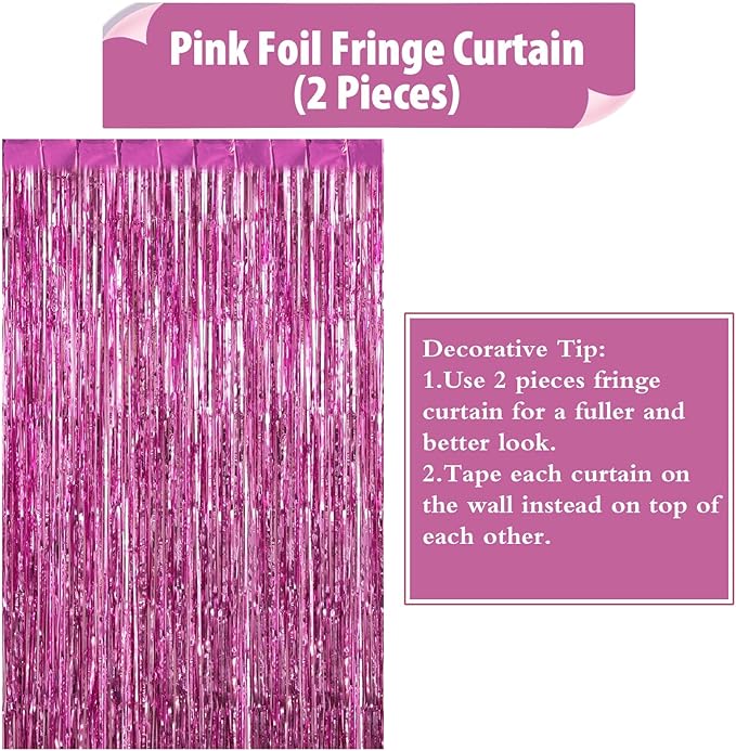 2 Pack Pink Fringe Curtains Foil Shiny Fringe Backdrop Tinsel Door Streamers - Image 6