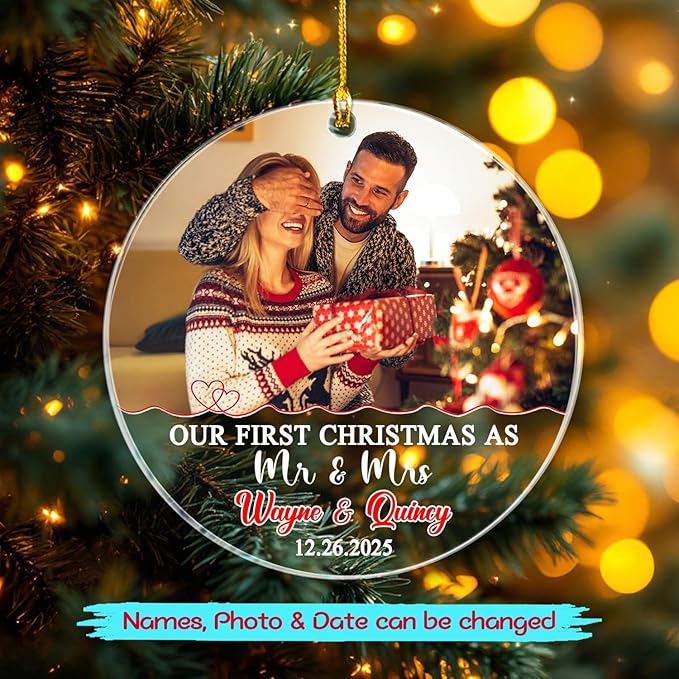 Our First Christmas As Mr & Mrs Ornament 2025, Customized Date Photo Names Mr & - Image 2