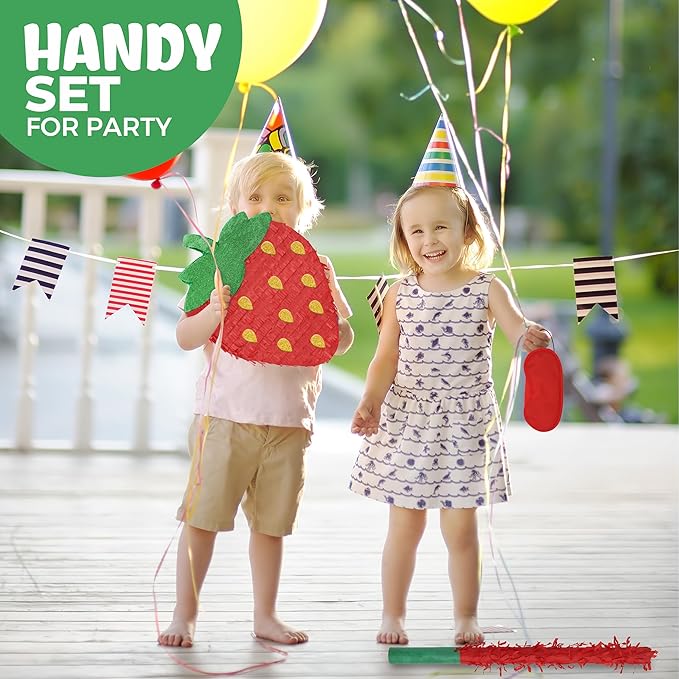 Strawberry Pinatas Bundle with a Blindfold and a Bat, Fruit Theme Parties - Image 5