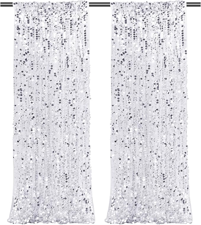 Silver Sequin Backdrop Curtains 2 Panels 4FTx8FT Big Payette Glitter Backdrop by Fanqisi
