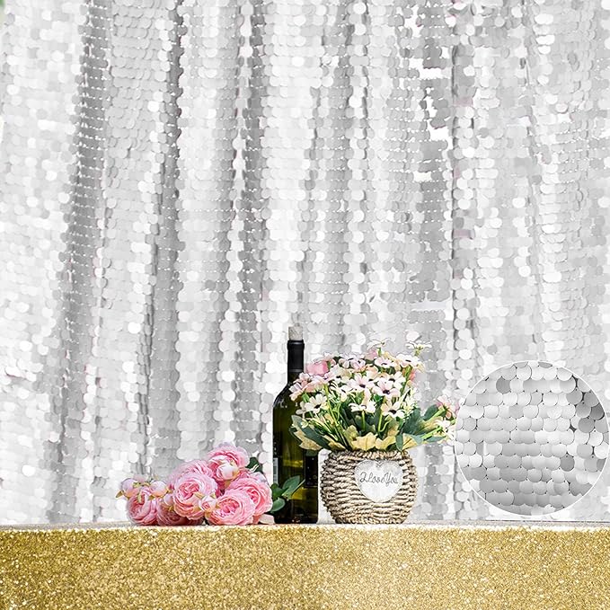 JYFLZQ Silver Payette Sequin Backdrop Curtains 4ft x 8ft 2 Panels Shimmer Wall - Image 2