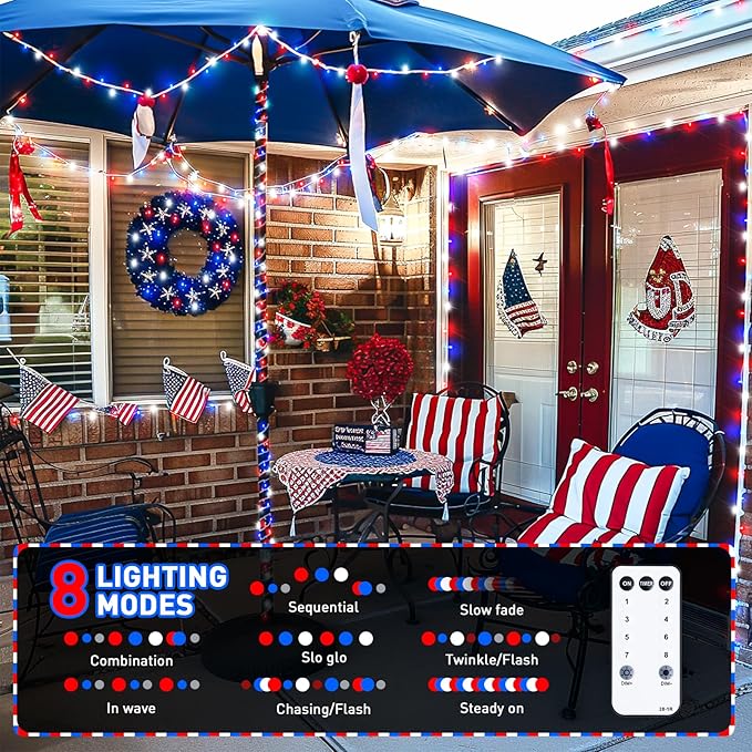 JMEXSUSS 600 LED Red White and Blue Lights Outdoor Plug in, 4th of July - Image 2