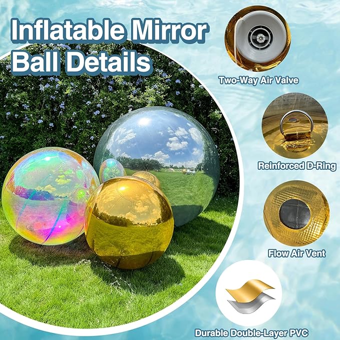 2PCS 19.7in Silver Inflatable Mirror Ball, Big Shinny Balls Reusable Large PVC - Image 3