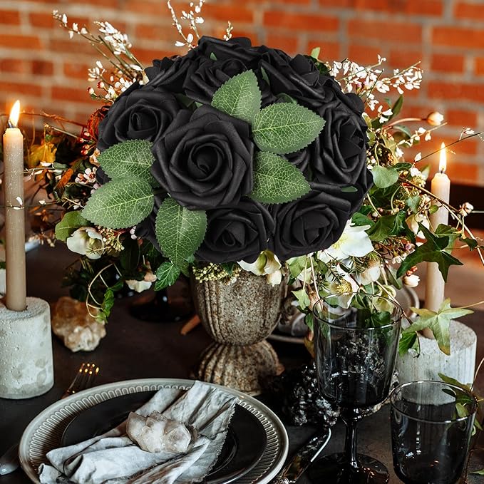 AmyHomie Artificial Flowers Black Rose 25pcs Real Looking Fake Roses w/Stem - Image 5