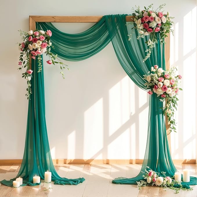 Wedding Arch Draping Fabric, 2 Panels 18FT Emerald Green Sheer Chiffon Curtain - Image 4