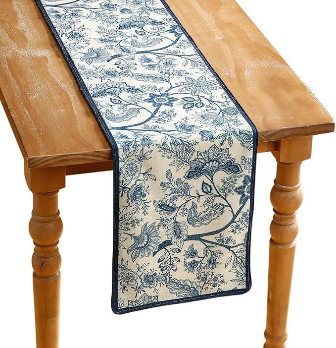 ISAENNE Designer Chinoiserie Elegant Linen Extra Long Table Runner 118 Inches by Isaennehomedecoration
