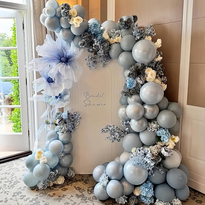 Dusty Blue and White Balloons, Double Stuffed Pearl Light Baby Metallic Chrome - Image 2