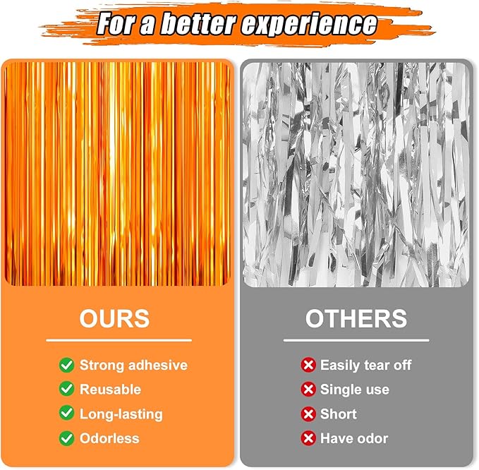 2 Pack Orange Foil Fringe Curtains Streamers Party Decorations 3.3 x 8.2 ft - Image 3