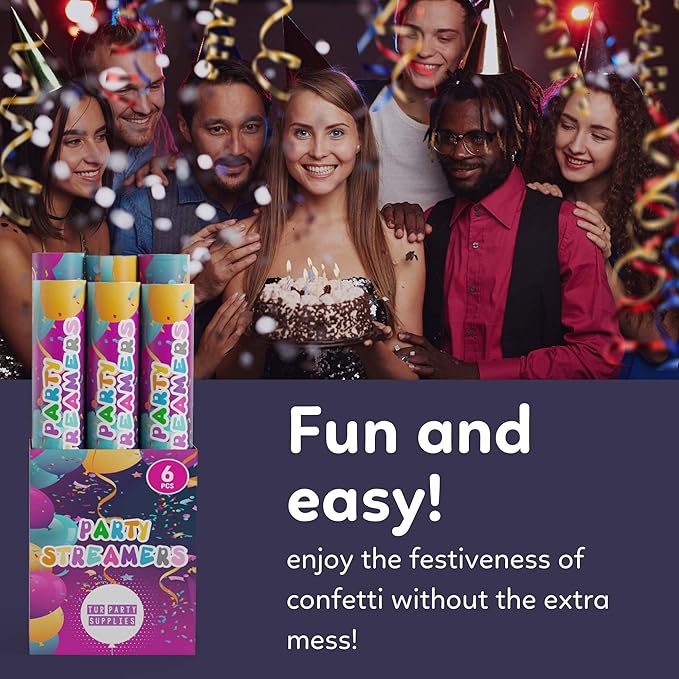 No Mess Streamer Confetti Cannon Party Poppers | 6 Pack | Multicolor Streamers - Image 6