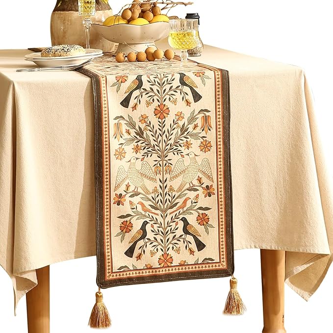 Decorative Linen Table Runner 71 Inches Long, Floral Print Rustic Runner by bilingaier