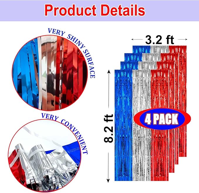 4th of July Decorations- 4 Pack of 3.2x8.2ft Red Silver Blue Tinsel Foil Fringe - Image 3