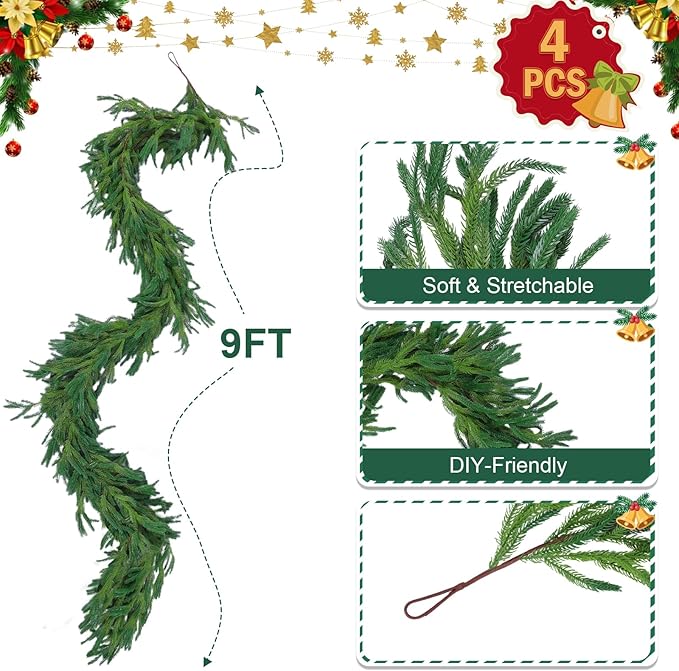 Hananona 4 Pcs 9 Ft Artificial Norfolk Pine Garlands, Realistic Pine Garland - Image 3