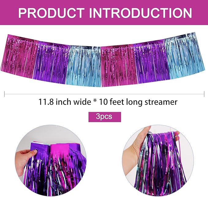 BEISHIDA 3 Packs Metallic Foil Fringe Garland Blue Purple Pink Wall Hanging - Image 3