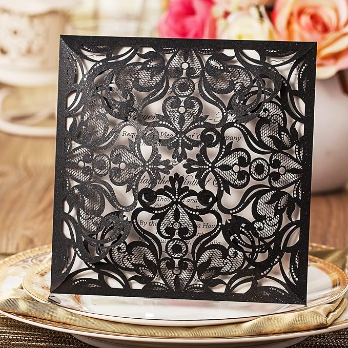 Hosmsua 50PCS Personalized Black Laser Cut Hollow Lace Rose Invitation Cards - Image 2